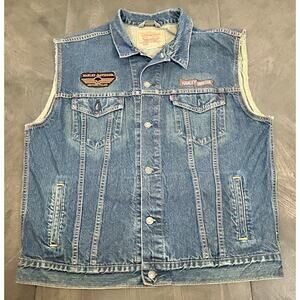 Levis Denim Jean Trucker Vest Mens XL Harley Davidson Skeleton Patches Biker